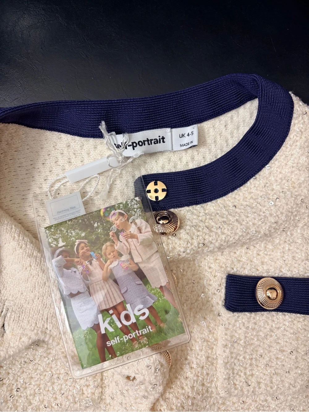 Self-Portrait Cream Textured Kids Vest with Navy Trim and Gold Buttons